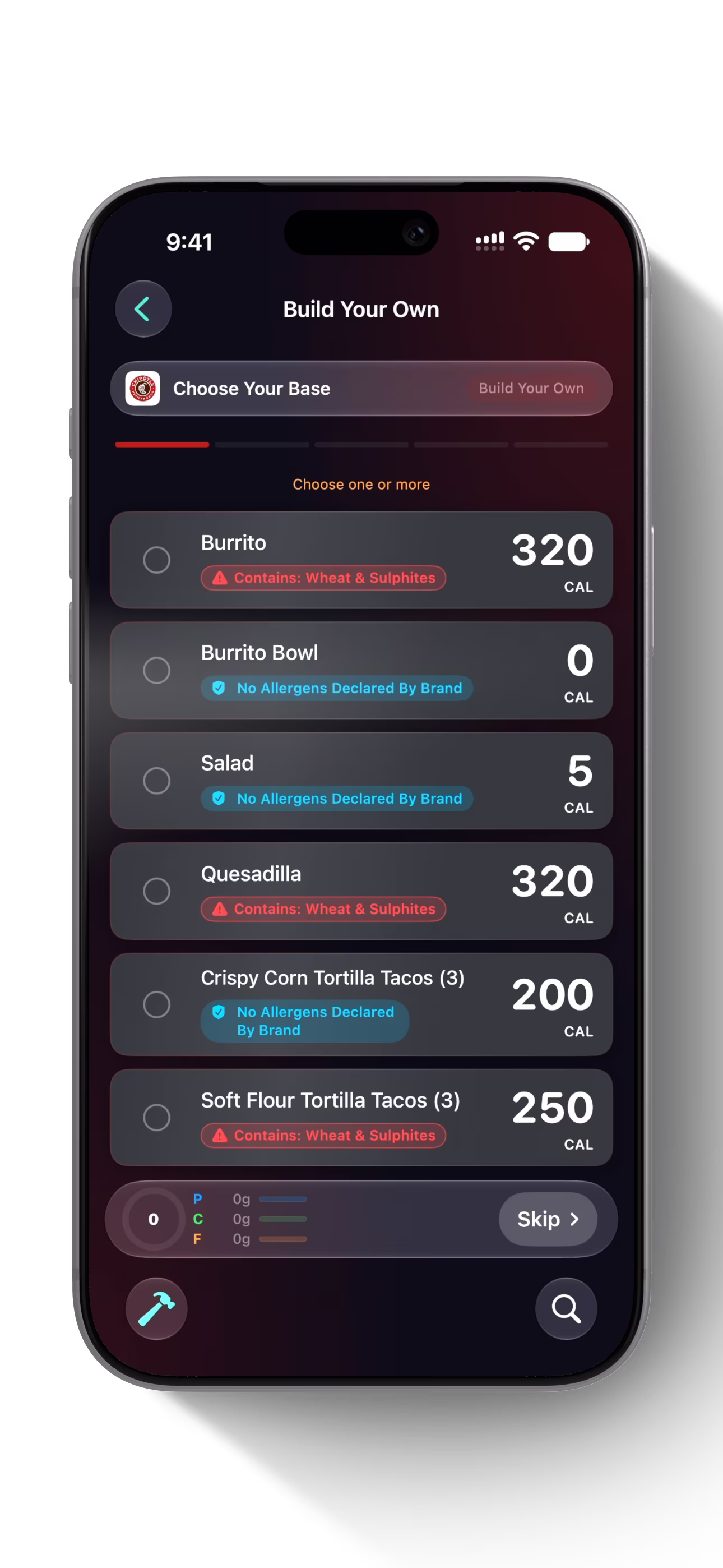 Chipotle build-your-own menu with allergen and nutrition details in Ansyrs